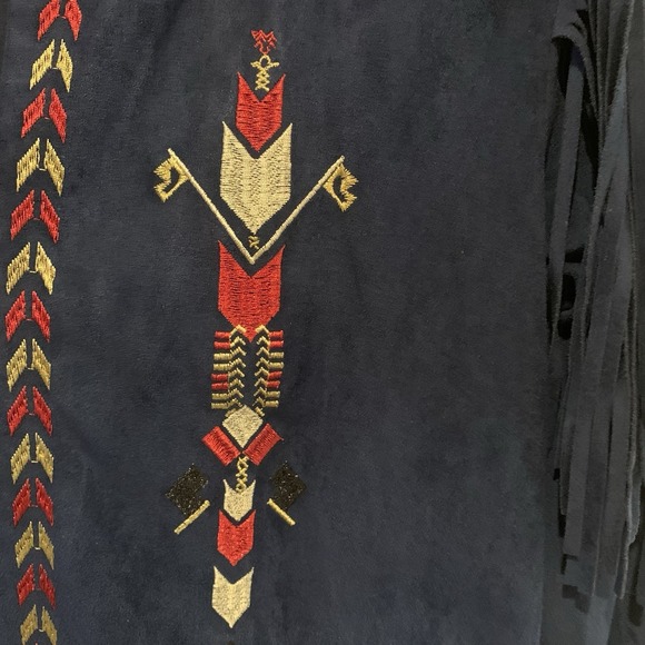 Bojo Western Style Aztec Embroidered Fringe Jacket-Suede Look Navy Blue- Size M - Picture 5 of 16